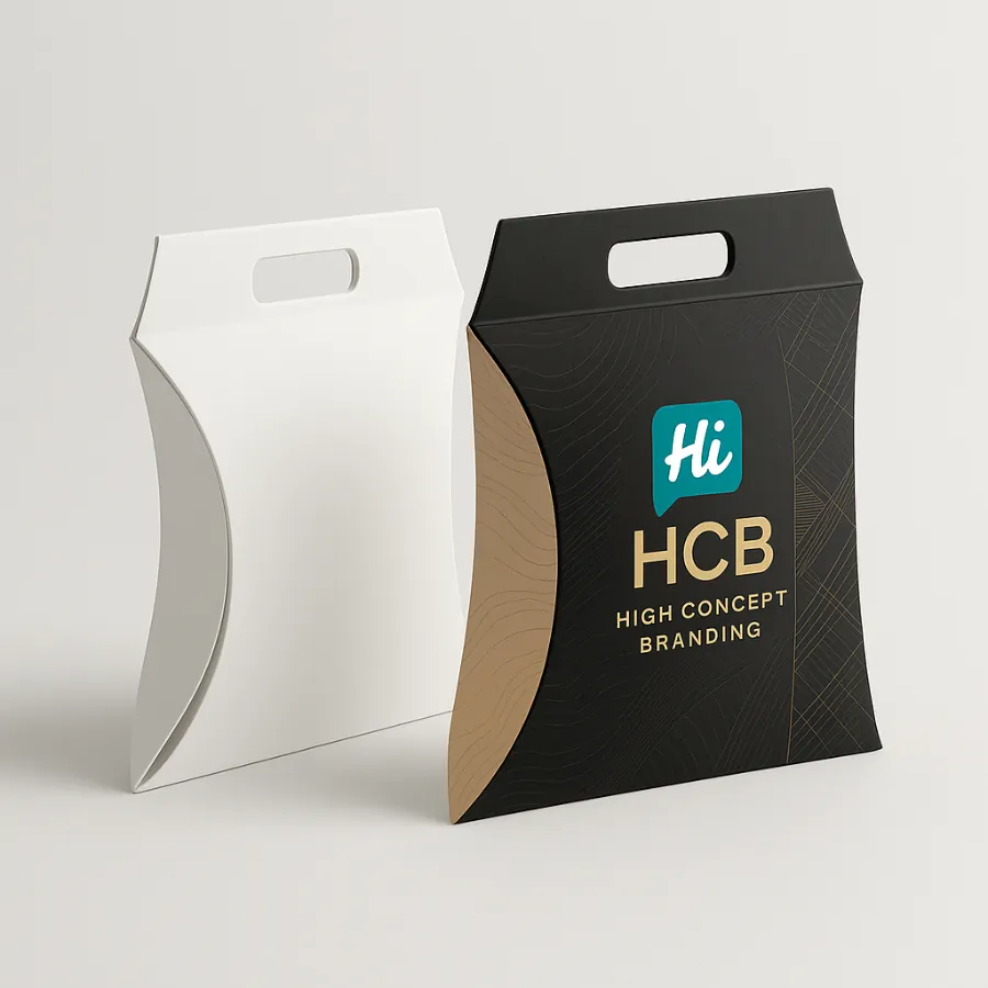 Two pillow-style apparel boxes with handles- one in white and the other in stylish black and gold print- class=